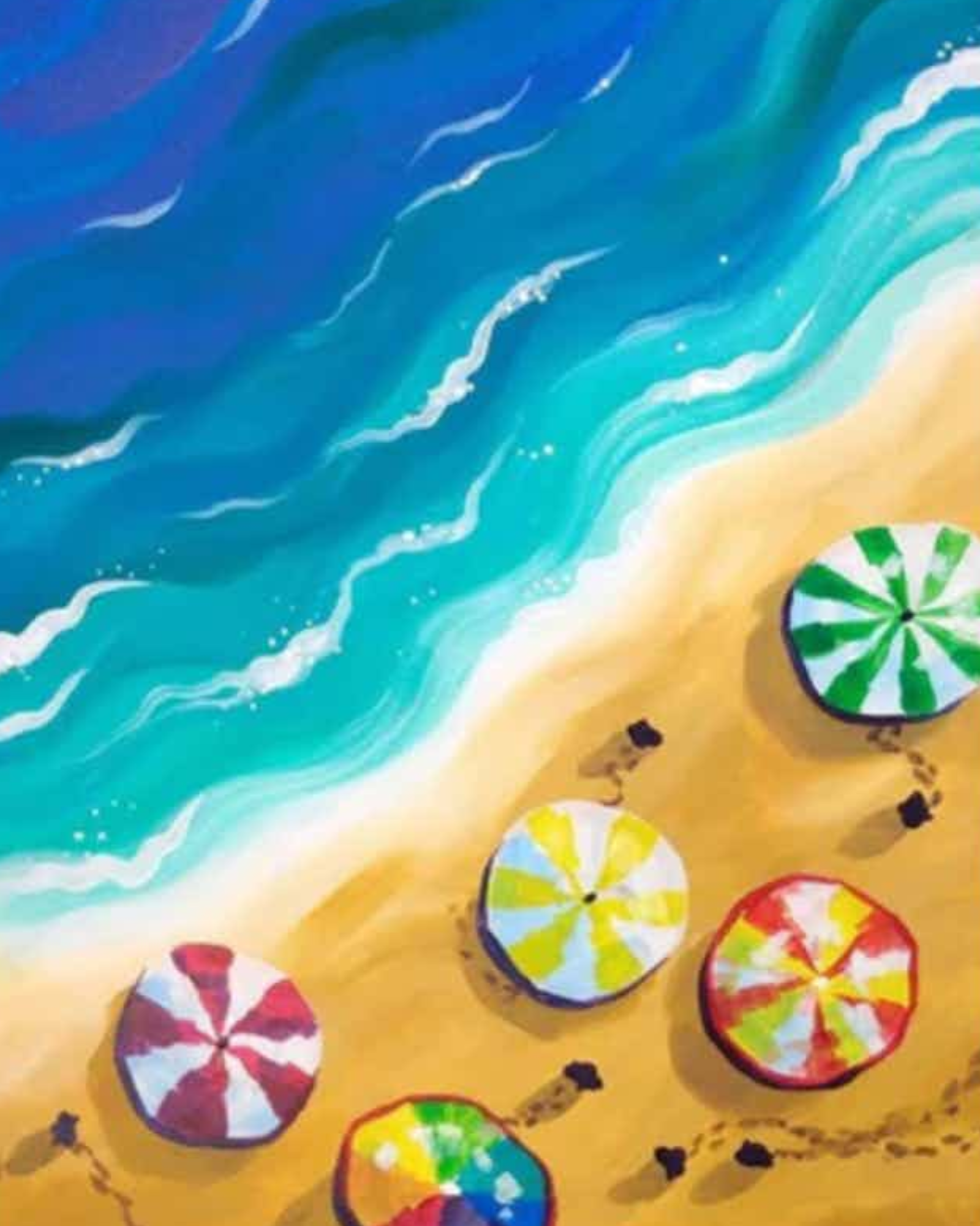 aerial painted image of a beach with colorful beach umbrellas 