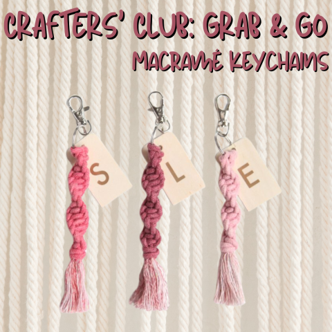 pink macrame keychains on a cream macramé cord background