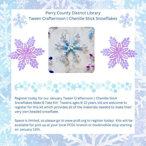 Snowflake border with text that reads in part: PCDL Tween Crafternoon | Chenille Stick Snowflake (Make & Take Kit).  Open to all tweens ages 9-12 years old.  Register at www.pcdl.org today.