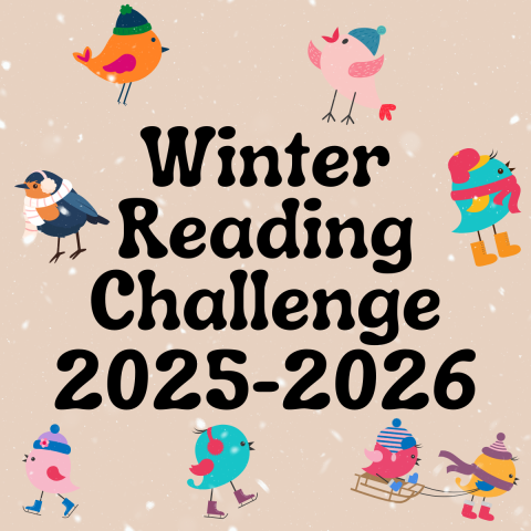 tan background with colorful winter themed birds, text reading winter reading challenge 2025-2026