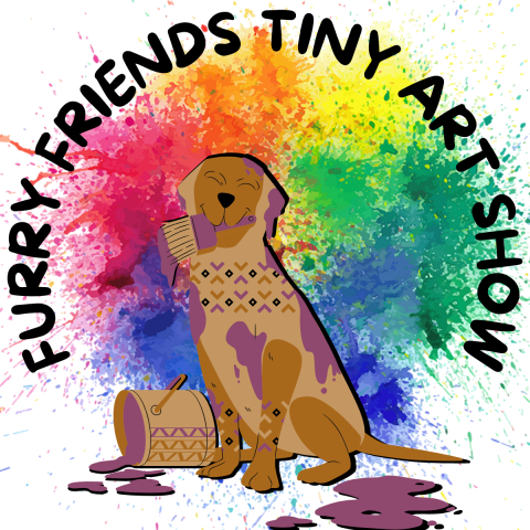 brown dog holding a paint brush in his mouth with purple paint covering him with a paint can knocked over by his feet, all on a multicolored splattered background. Text reads "furry friends tiny art show"