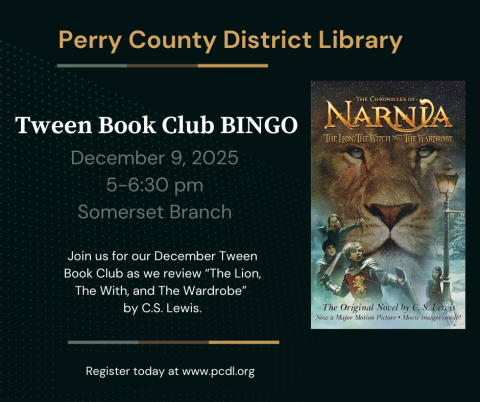 Black background with picture of the book "The Lion, The Witch, and The Wardrobe" by C.S. Lewis