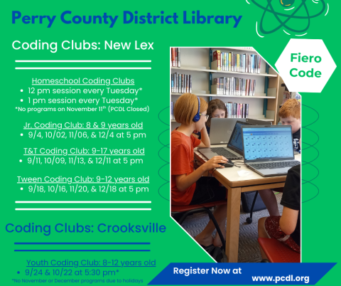 Green background with a picture of kids working on laptops in the library