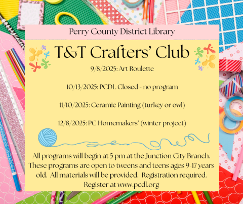 Craft supplies border around a yellow center with paint splashes and yarn ball