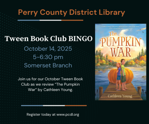 Black background with a picture of the book "The Pumpkin War" by Cathleen Young