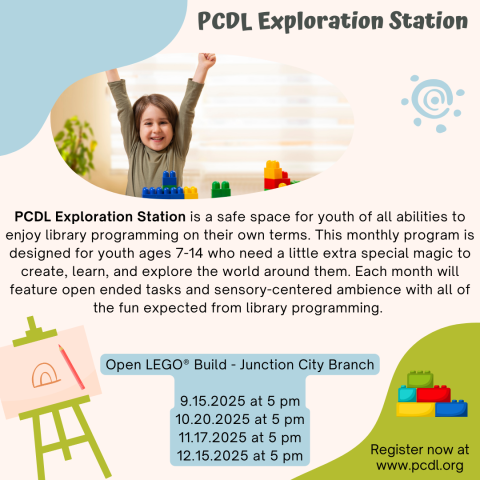Cream background with a picture of a little girl playing with LEGO bricks