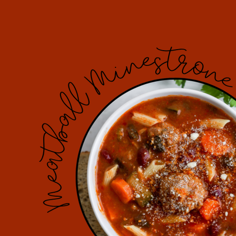 meatball minestrone soup on red background