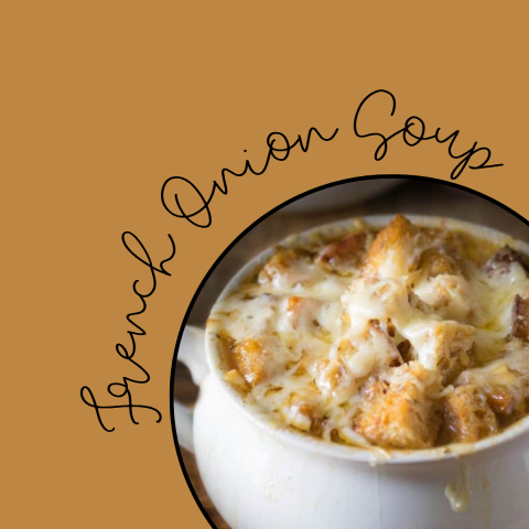 french onion soup on tan background