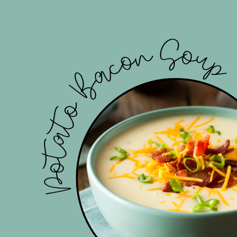 potato bacon soup on dusty blue background