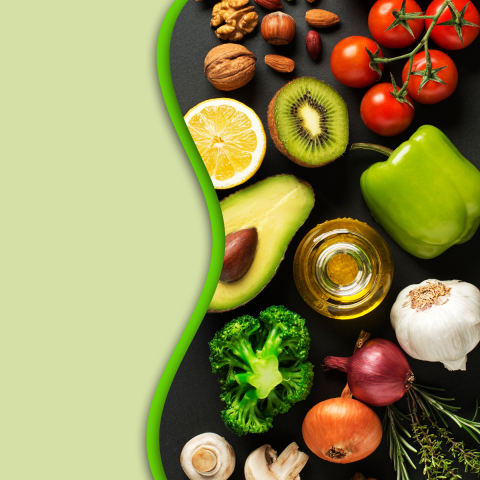 brightly colored healthy food on a green background