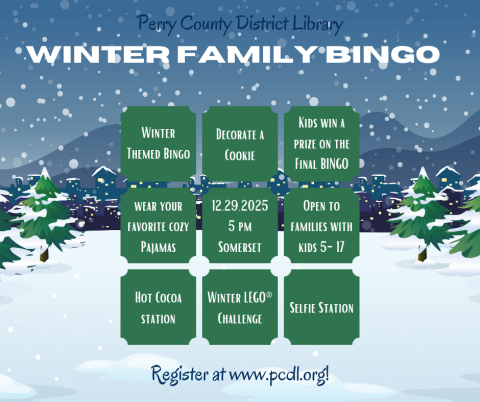 Blue background with mountains, pine trees, and snow. 