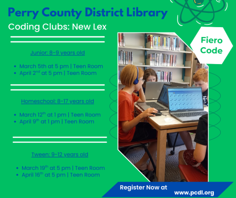 Green background with a picture of kids working on laptops in the library