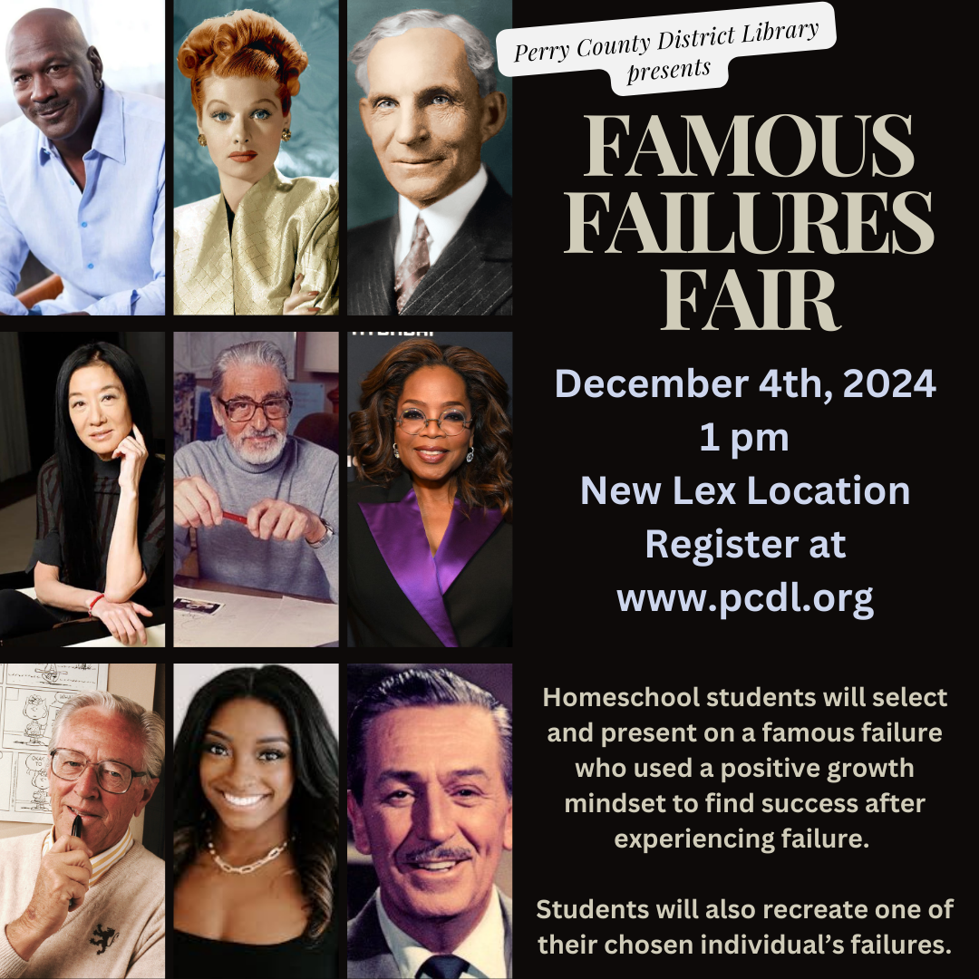 Black background with a photo series of famous people and text that reads in part Famous Failure Fair December 4, 2024 at 1 pm.