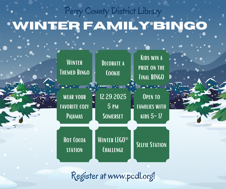 Blue background with mountains, pine trees, and snow. 